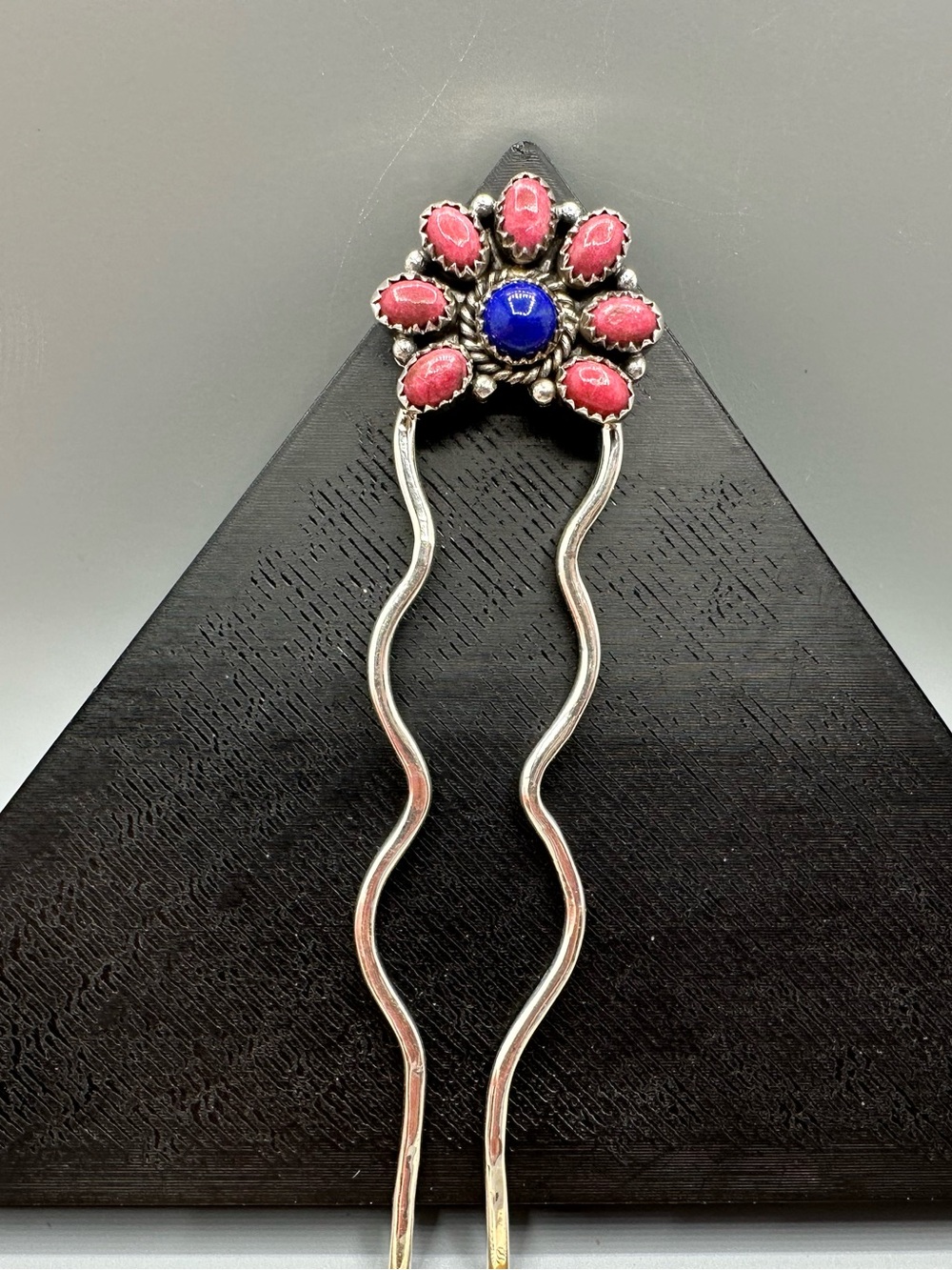 Thulite & Lapis Lazuli Sterling Silver 925 Handmade Hair Pin Pink Blue